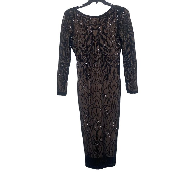 Dress The Population Black Sequin Maxi Gown Womens Size L Long Sleeve Mesh Over - Picture 1 of 16
